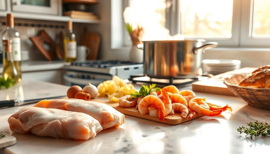 Chicken and Shrimp Alfredo Preparation