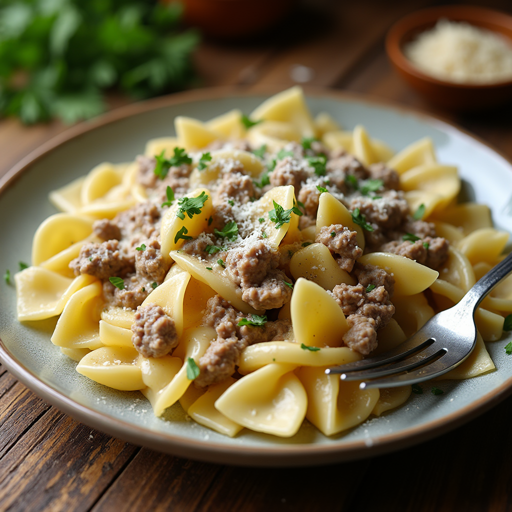 creamy beef and bowtie pasta