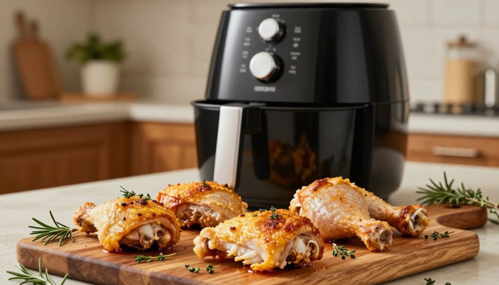 A beautifully arranged selection of chicken cuts ideal for an air fryer, prominently displayed on a rustic wooden cutting board in the foreground. The chicken pieces include thighs, breasts, and drumsticks, each showcasing a golden, crispy skin that hints at delicious flavor. Fresh herbs like rosemary and thyme are scattered around for a touch of greenery. In the middle, a sleek air fryer stands, gleaming under warm kitchen lighting, inviting viewers into the cooking experience. The background features a softly blurred kitchen setting with warm wood cabinets and light-colored countertops, creating a cozy and inviting atmosphere. The overall mood should evoke a sense of comfort and gourmet cooking, highlighting the joy of preparing healthy meals. A beautifully arranged selection of chicken cuts ideal for an air fryer, prominently displayed on a rustic wooden cutting board in the foreground. The chicken pieces include thighs, breasts, and drumsticks, each showcasing a golden, crispy skin that hints at delicious flavor. Fresh herbs like rosemary and thyme are scattered around for a touch of greenery. In the middle, a sleek air fryer stands, gleaming under warm kitchen lighting, inviting viewers into the cooking experience. The background features a softly blurred kitchen setting with warm wood cabinets and light-colored countertops, creating a cozy and inviting atmosphere. The overall mood should evoke a sense of comfort and gourmet cooking, highlighting the joy of preparing healthy meals.