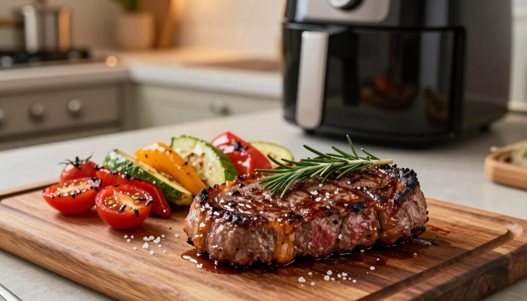 A beautifully plated air fryer steak, perfectly cooked to medium-rare, glistening with a rich, savory crust. In the foreground, the steak, garnished with fresh rosemary and a sprinkle of sea salt, takes center stage on a rustic wooden cutting board. The middle ground features a side of vibrant roasted vegetables, displaying colorful bell peppers, zucchini, and cherry tomatoes, all lightly charred, enhancing the appealing presentation. In the background, a modern kitchen setting with a sleek air fryer subtly visible, illuminated by warm, inviting lighting that creates a cozy and appetizing atmosphere. The shot is taken from a slightly elevated angle, emphasizing the textures and colors of the dish while maintaining a focus on the juicy steak. A beautifully plated air fryer steak, perfectly cooked to medium-rare, glistening with a rich, savory crust. In the foreground, the steak, garnished with fresh rosemary and a sprinkle of sea salt, takes center stage on a rustic wooden cutting board. The middle ground features a side of vibrant roasted vegetables, displaying colorful bell peppers, zucchini, and cherry tomatoes, all lightly charred, enhancing the appealing presentation. In the background, a modern kitchen setting with a sleek air fryer subtly visible, illuminated by warm, inviting lighting that creates a cozy and appetizing atmosphere. The shot is taken from a slightly elevated angle, emphasizing the textures and colors of the dish while maintaining a focus on the juicy steak.