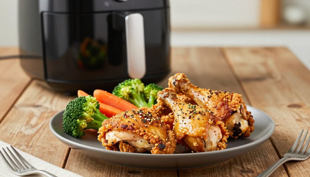 A beautifully plated serving of healthy air fryer chicken, with golden-brown, crisp skin showcasing a tantalizing seasoning mix of herbs and spices. The foreground features the chicken cuts arranged artfully on a rustic wooden table, accompanied by a vibrant medley of steamed vegetables like broccoli, carrots, and bell peppers, adding a burst of color. In the middle background, the air fryer is elegantly displayed, slightly out of focus, promoting the healthy cooking method. Soft, natural lighting illuminates the scene, casting gentle shadows to enhance textures. The atmosphere is inviting and wholesome, ideal for healthy eating enthusiasts, captured from a slightly elevated angle to encapsulate the dish's appeal. A beautifully plated serving of healthy air fryer chicken, with golden-brown, crisp skin showcasing a tantalizing seasoning mix of herbs and spices. The foreground features the chicken cuts arranged artfully on a rustic wooden table, accompanied by a vibrant medley of steamed vegetables like broccoli, carrots, and bell peppers, adding a burst of color. In the middle background, the air fryer is elegantly displayed, slightly out of focus, promoting the healthy cooking method. Soft, natural lighting illuminates the scene, casting gentle shadows to enhance textures. The atmosphere is inviting and wholesome, ideal for healthy eating enthusiasts, captured from a slightly elevated angle to encapsulate the dish's appeal.