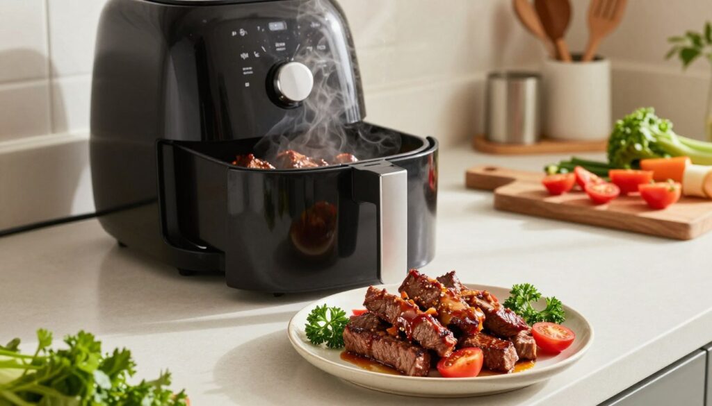 A modern kitchen scene showcasing a beautifully plated dish of air fryer beef strips, glistening with a rich, savory marinade. In the foreground, the plate is adorned with colorful garnishes like fresh parsley and sliced cherry tomatoes, emphasizing the vibrant flavors. In the middle, an air fryer sits prominently on the kitchen countertop, with a few beef strips visibly cooking inside, steam rising slightly to imply freshness and delicious aroma. The background features sleek kitchen utensils and a wooden cutting board with chopped vegetables, creating a warm, inviting atmosphere. Soft, natural lighting filters in through a nearby window, casting gentle shadows and enhancing the appetizing colors of the meal. The overall mood is cozy and appealing, ideal for food enthusiasts looking to explore quick and tasty beef recipes. A modern kitchen scene showcasing a beautifully plated dish of air fryer beef strips, glistening with a rich, savory marinade. In the foreground, the plate is adorned with colorful garnishes like fresh parsley and sliced cherry tomatoes, emphasizing the vibrant flavors. In the middle, an air fryer sits prominently on the kitchen countertop, with a few beef strips visibly cooking inside, steam rising slightly to imply freshness and delicious aroma. The background features sleek kitchen utensils and a wooden cutting board with chopped vegetables, creating a warm, inviting atmosphere. Soft, natural lighting filters in through a nearby window, casting gentle shadows and enhancing the appetizing colors of the meal. The overall mood is cozy and appealing, ideal for food enthusiasts looking to explore quick and tasty beef recipes.
